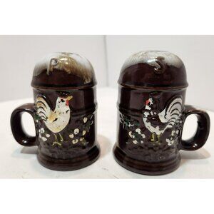 Vtg Brown Stoneware White Rooster Mug Salt And Pepper Shakers Country Farmhouse